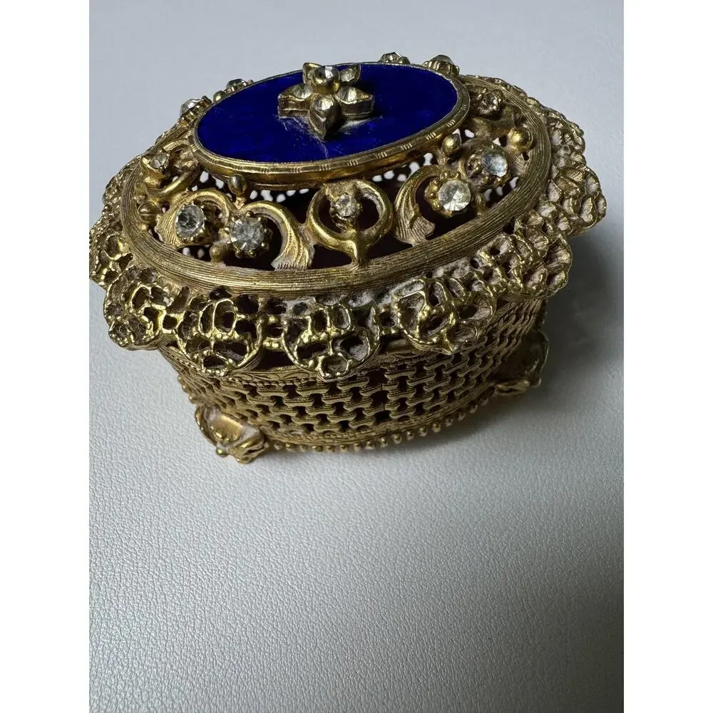 Vintage Florenza Jeweled Filigree Trinket Box Cobalt Blue Enamel Footed Oval